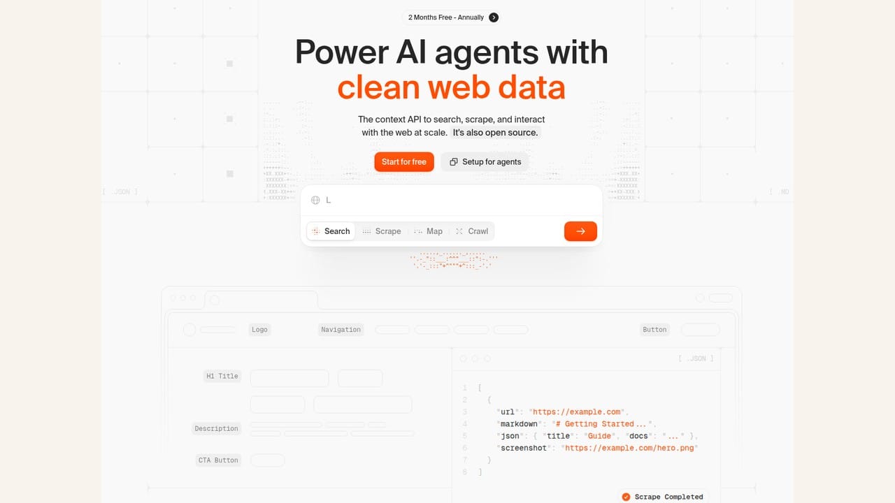 Firecrawl workflow showing clean web data positioning, Search, Scrape, Map and Crawl controls, and structured scrape output