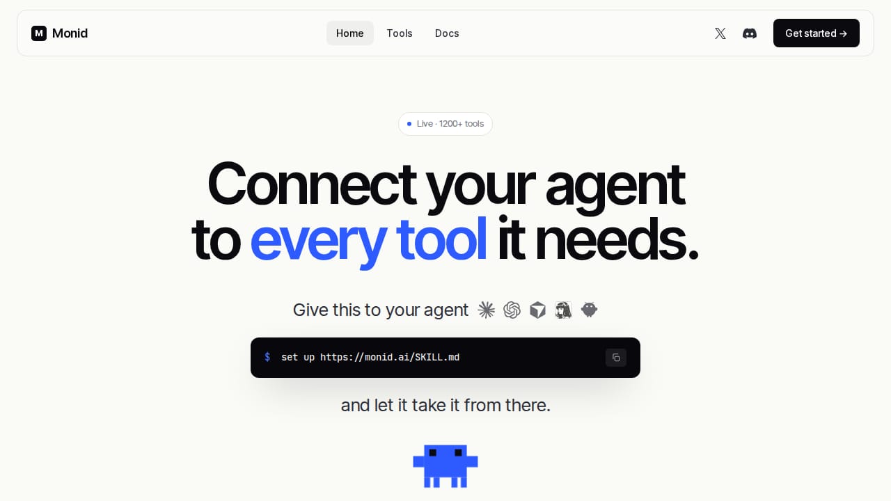 Monid homepage showing a one-line agent setup command and its tool-connection positioning.
