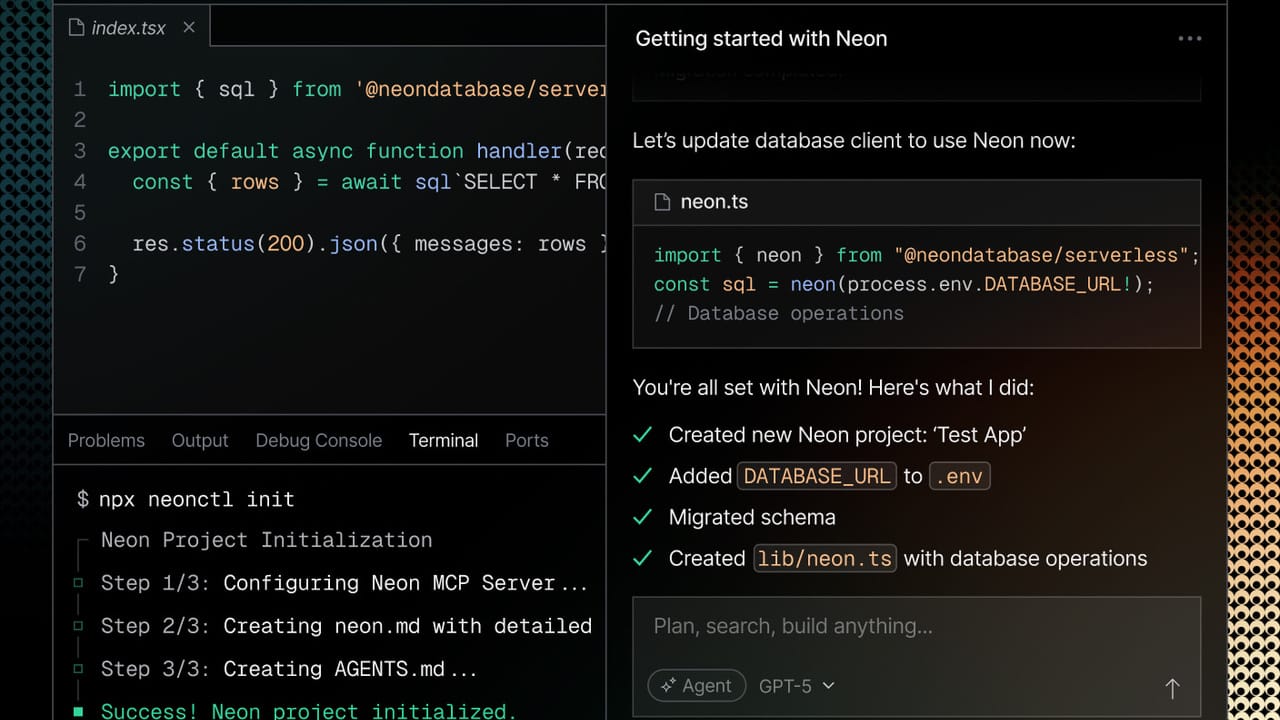 Official Neon product view showing an IDE, Neon project initialization, MCP configuration, schema migration, and generated database client setup.