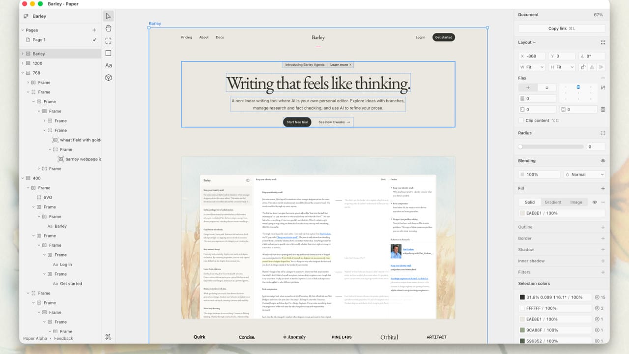 Paper.design canvas showing the Barley website layout, layers, responsive frames, and style controls