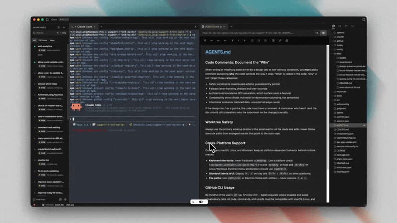 Orca agent development environment showing isolated worktrees, agent terminals, and an open project document.