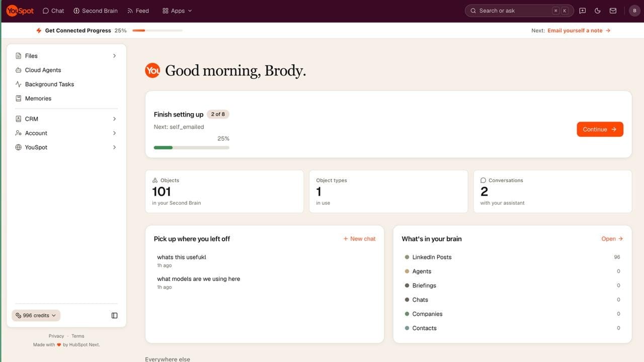 YouSpot dashboard showing Brody's partially connected workspace with 101 Second Brain objects, 2 assistant conversations, and 96 LinkedIn posts.