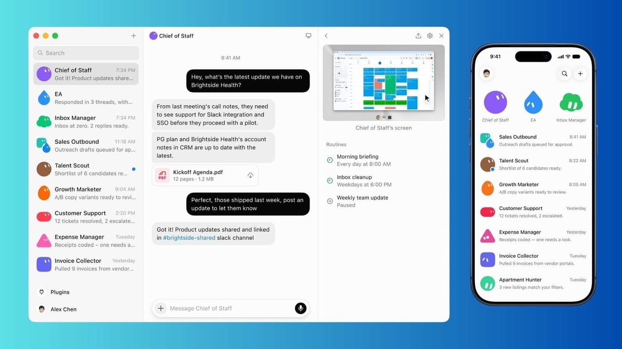 Grok Bot desktop and mobile interfaces showing multiple persistent AI teammates, a Chief of Staff conversation, computer view, and scheduled routines.