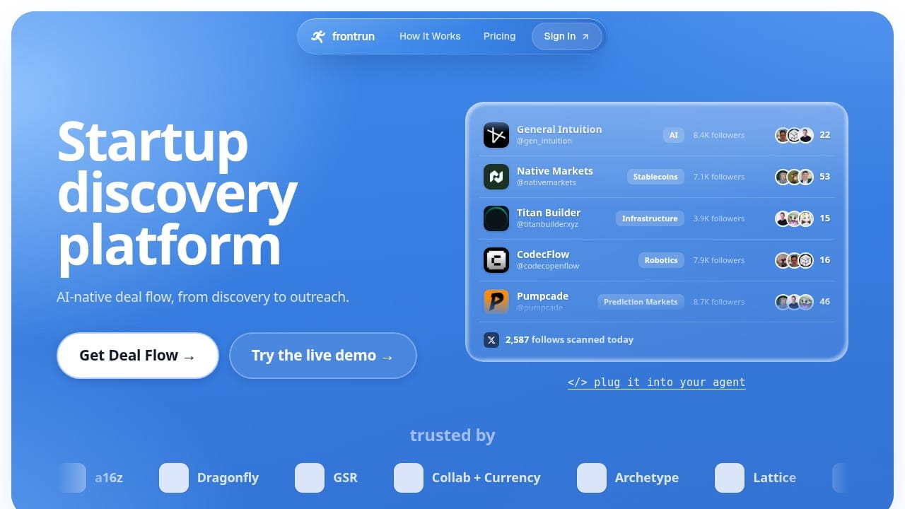Frontrun startup discovery platform showing a live feed of newly surfaced companies, sectors, follower counts, and investor follow signals.