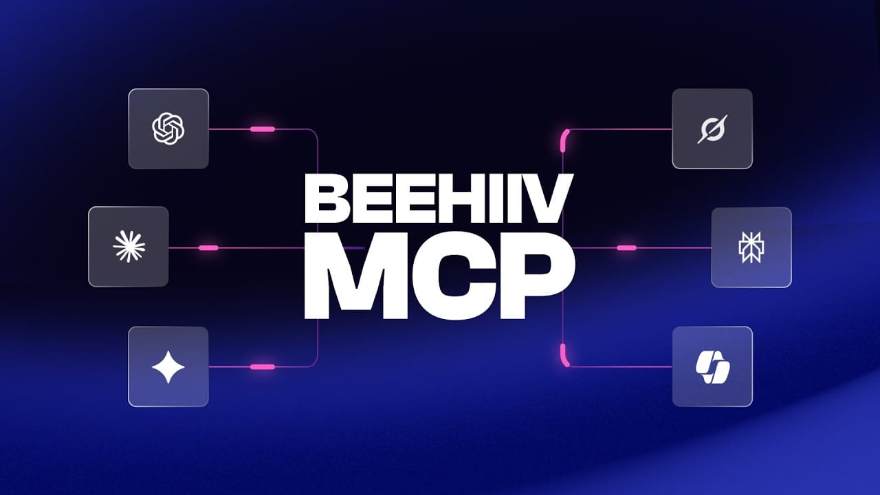 Official beehiiv MCP graphic showing AI tools connected to beehiiv through MCP