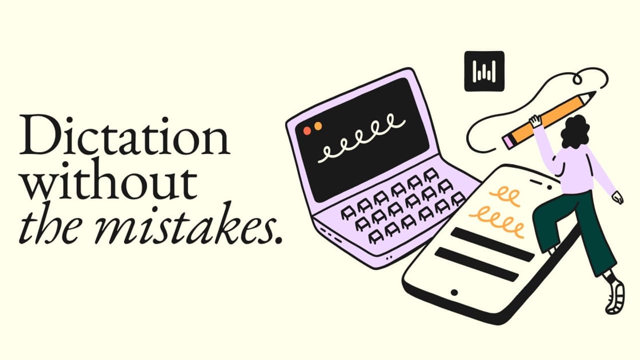 Official Wispr Flow illustration reading ‘Dictation without the mistakes,’ with a laptop, phone, microphone icon, and person holding an oversized pencil.