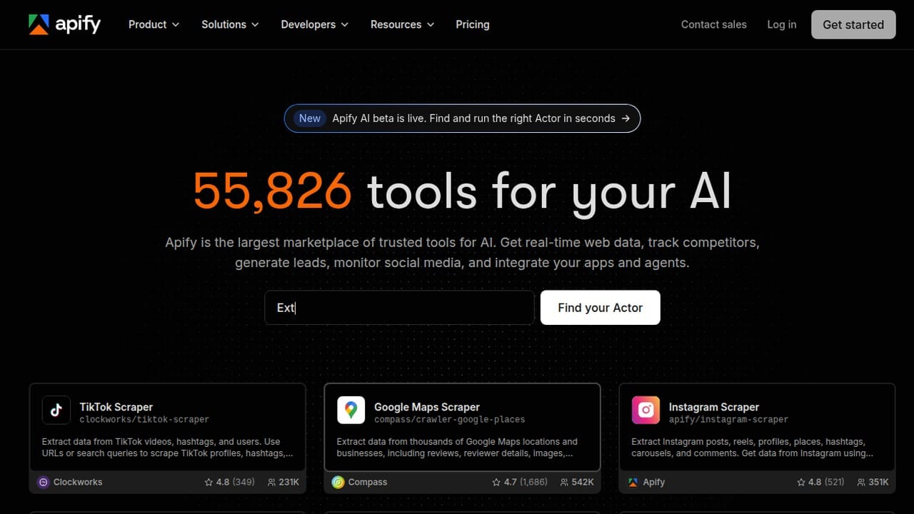 Apify marketplace homepage showing its Actor catalog and public-web data tools